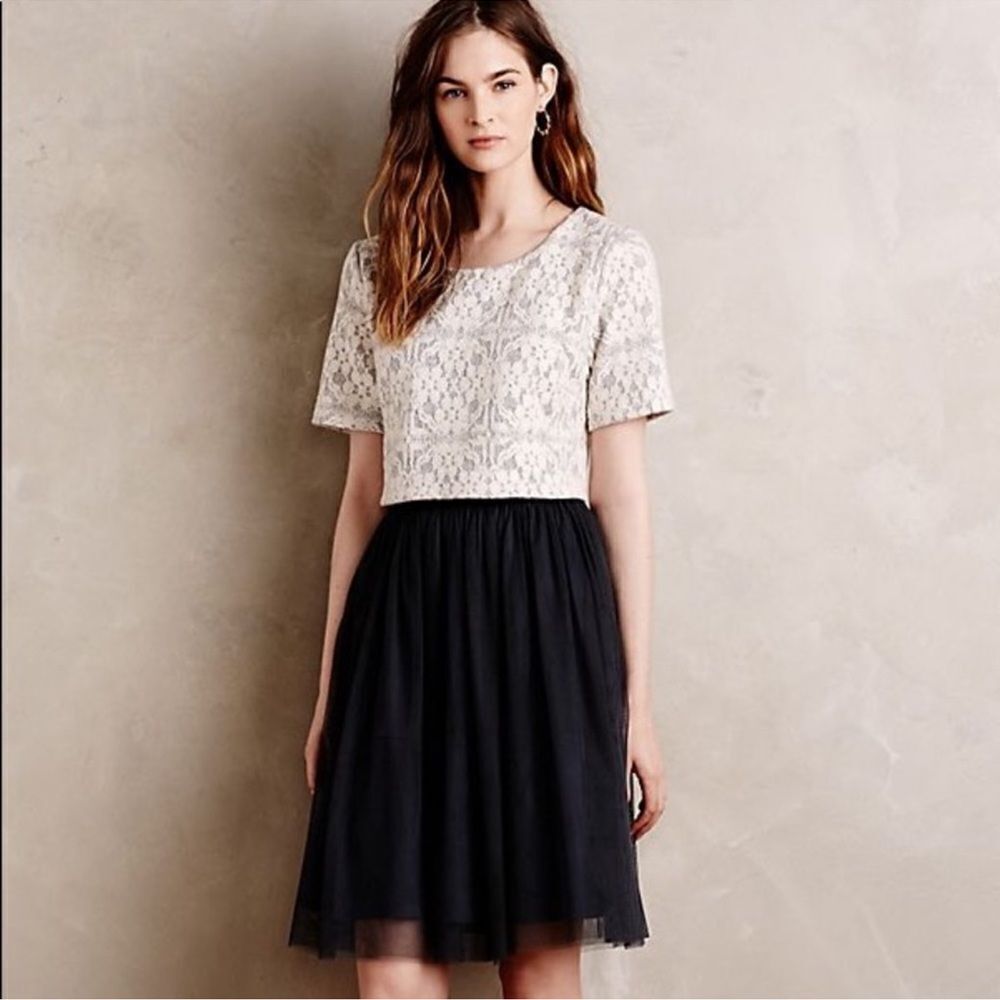 Weston Anthropologie white laced top black tulle dress sz XS short sleeve 327